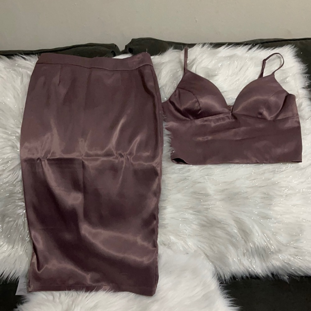 2 Piece Satin Skirt With Crop Top